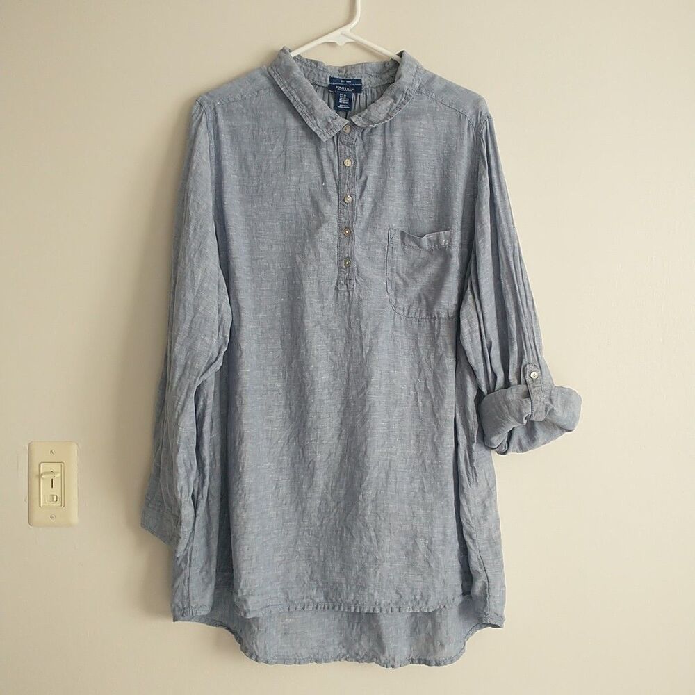 JONES & Co Popover Tunic Top Shirt Womens 2X Blue 100%Linen Roll Tab Sleeve